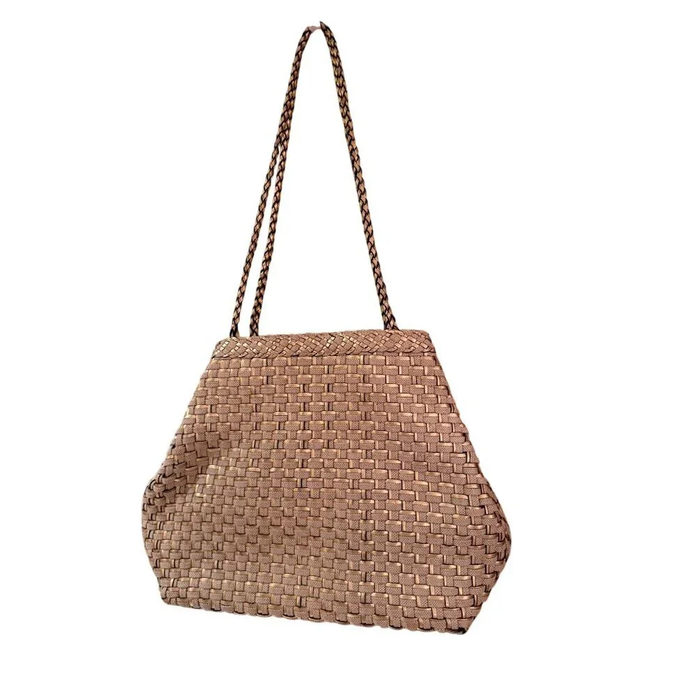 L.J.S. Collection Womens Tote Bag Gold Beige All-Over Woven Pattern Vintage